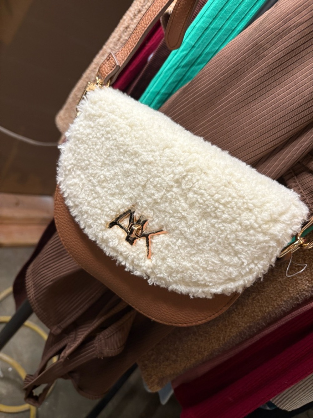 Faux Shearling Flap Crossbody Bag in Cream and Brown